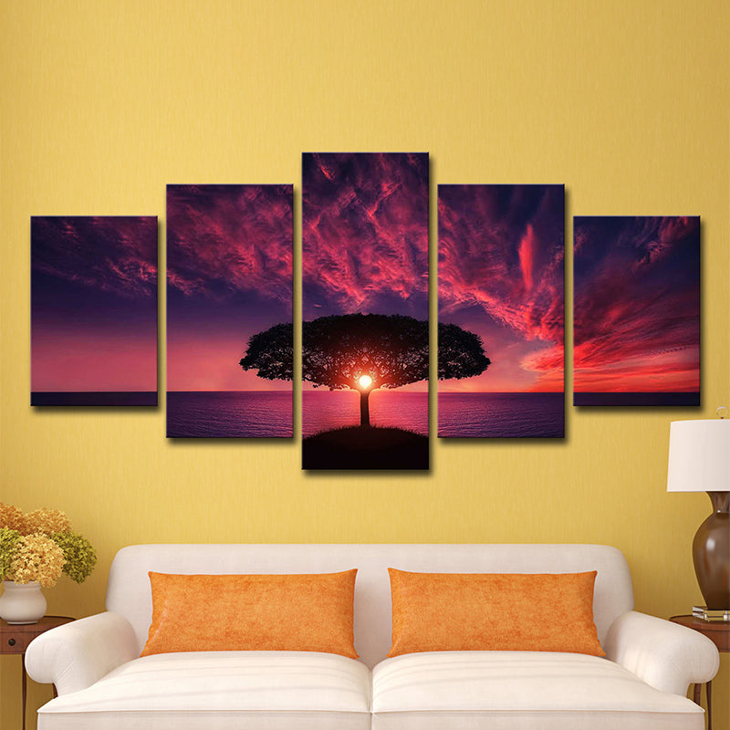 Brehn | Lila Avondgloren Muurkunst Levensboom Moderne Multi-Piece Canvas Print voor Woonkamer