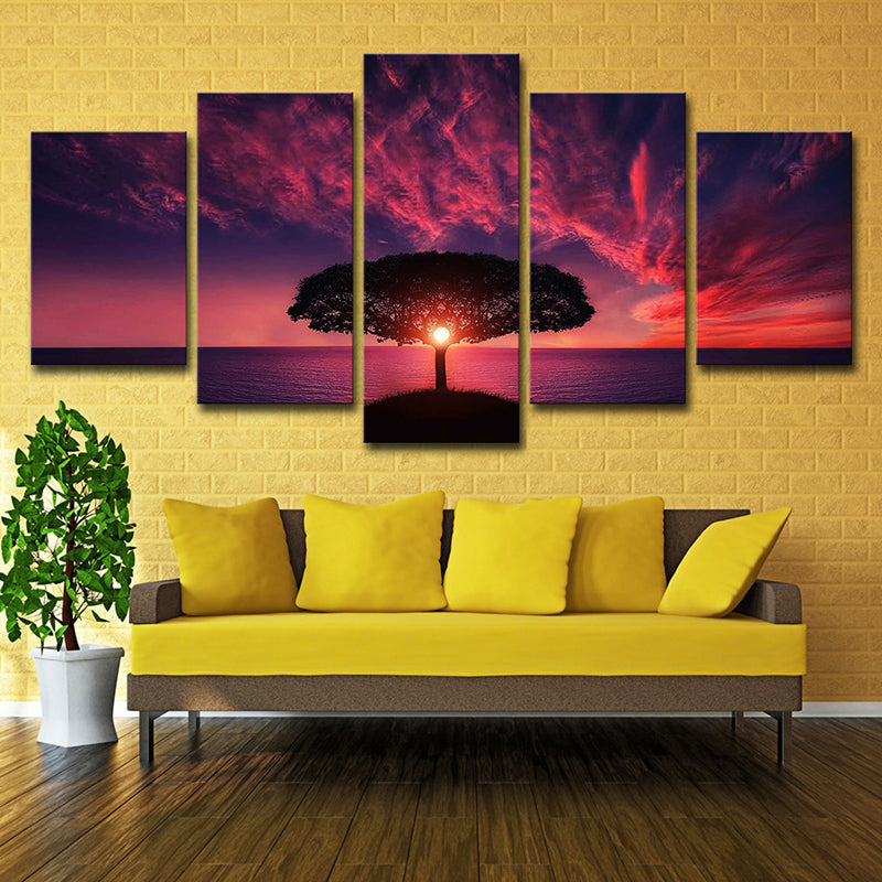 Brehn | Lila Avondgloren Muurkunst Levensboom Moderne Multi-Piece Canvas Print voor Woonkamer