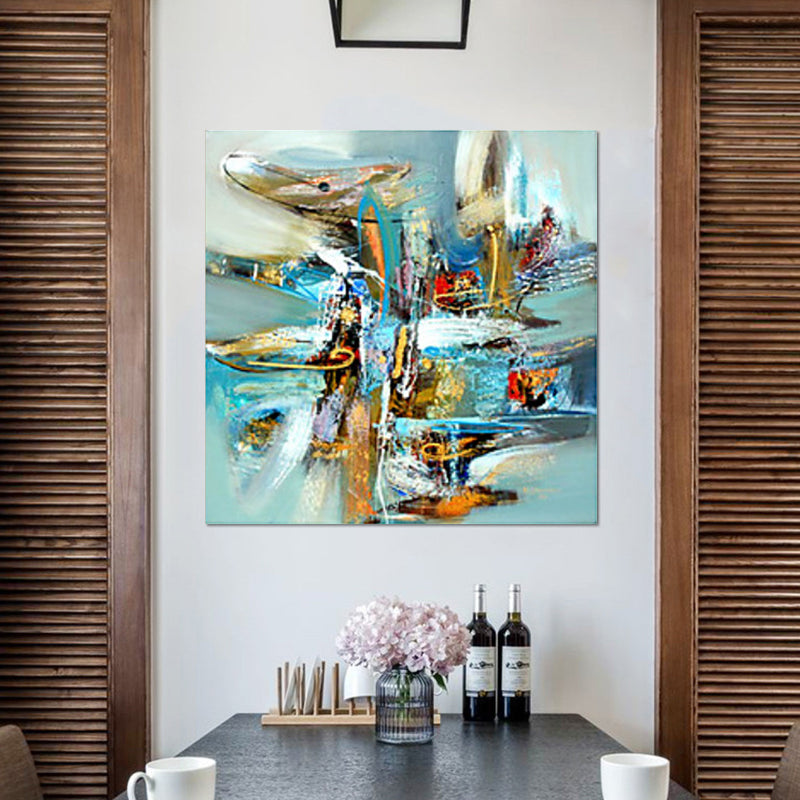 Brehn | Moderne Abstracte Graffiti Schilderij Blauwe Geweven Oppervlak Wanddecoratie Print voor Eetkamer