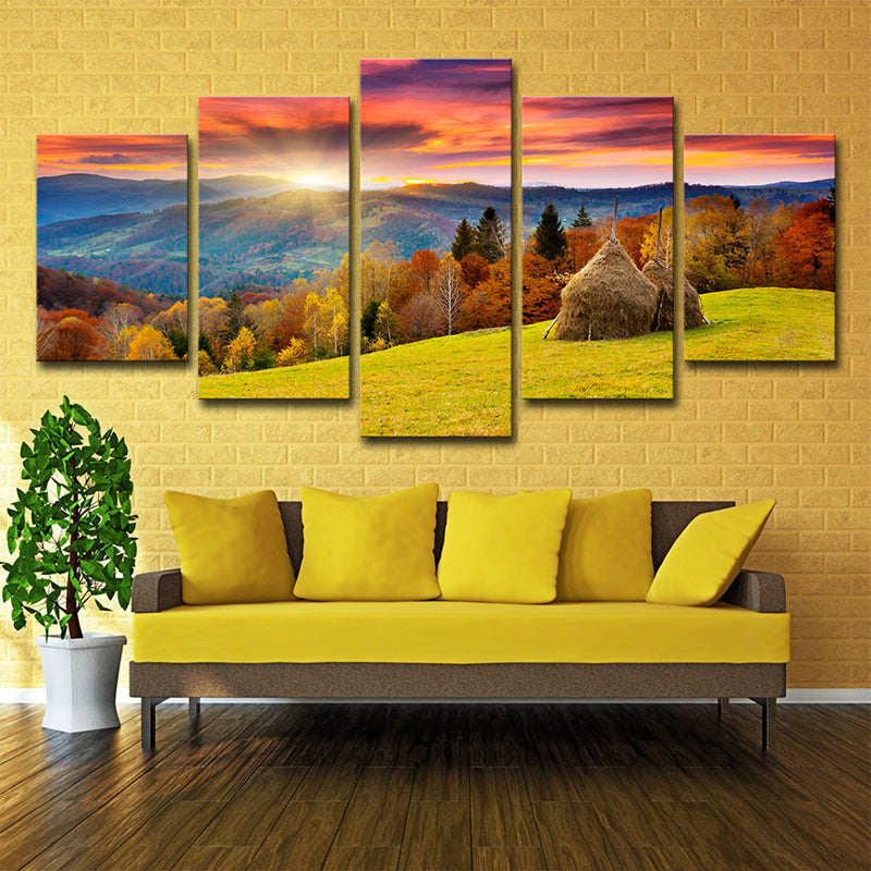 Brehn | Herbst Sonnenaufgang Berglandschaft Leinwand Rot Braun Modernistische Wandkunst Druck für Hotel
