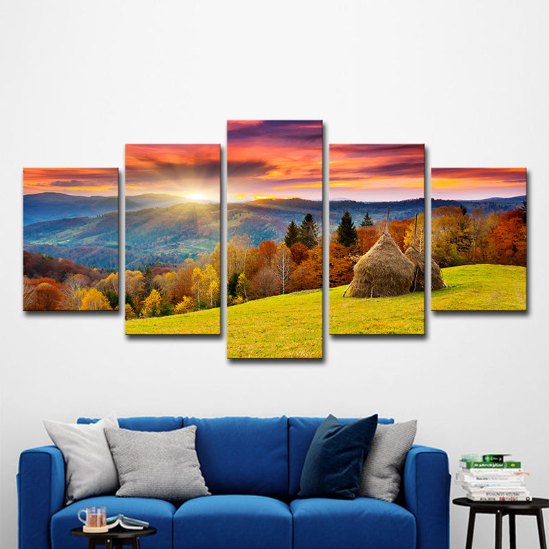 Brehn | Herbst Sonnenaufgang Berglandschaft Leinwand Rot Braun Modernistische Wandkunst Druck für Hotel