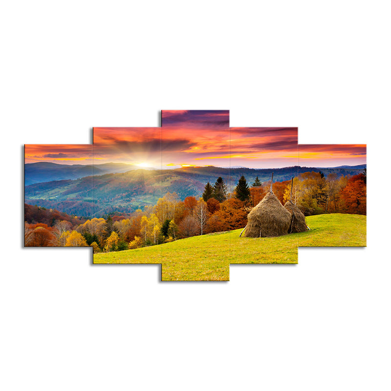 Brehn | Herbst Sonnenaufgang Berglandschaft Leinwand Rot Braun Modernistische Wandkunst Druck für Hotel