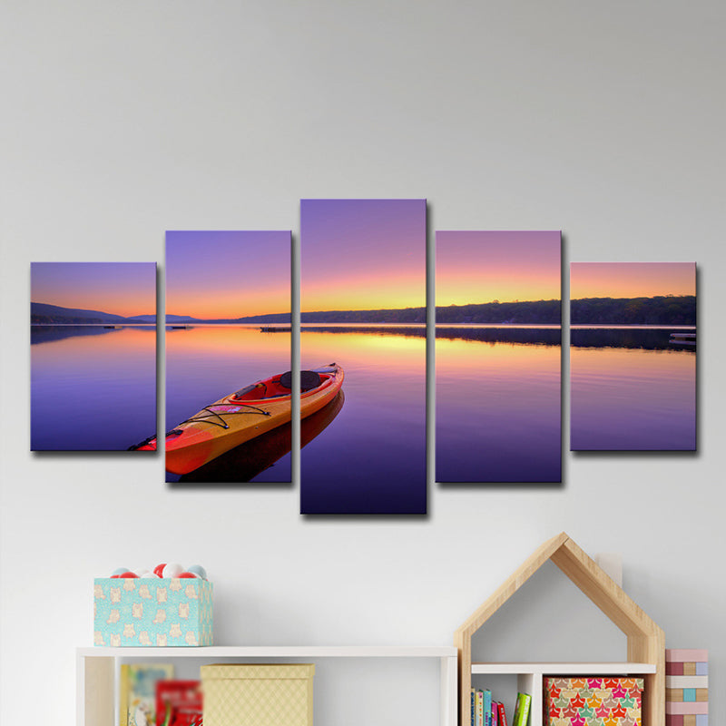 Brehn | Leinwand Mehrteilig Kunstdruck Zeitgenössisches Boot am See bei Dämmerung Szenerie Wanddeko in Lila