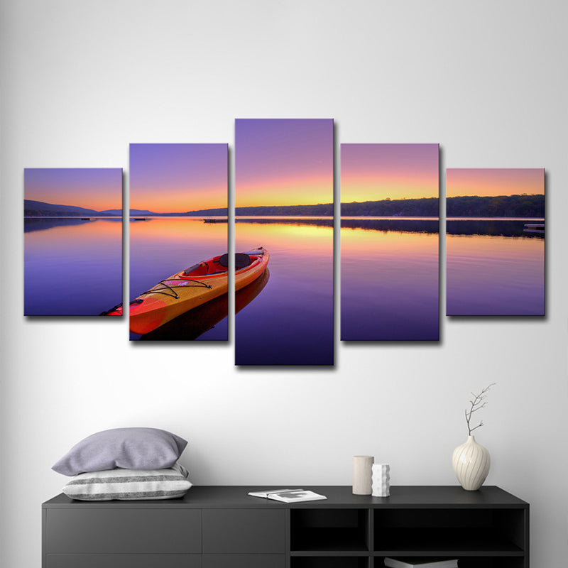 Brehn | Leinwand Mehrteilig Kunstdruck Zeitgenössisches Boot am See bei Dämmerung Szenerie Wanddeko in Lila