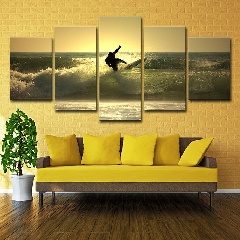 Brehn | Surfen bei Dämmerung Wandkunst Dekor zeitgenössisches Mehrteilige Wohnzimmer Leinwand Druck in Gelb