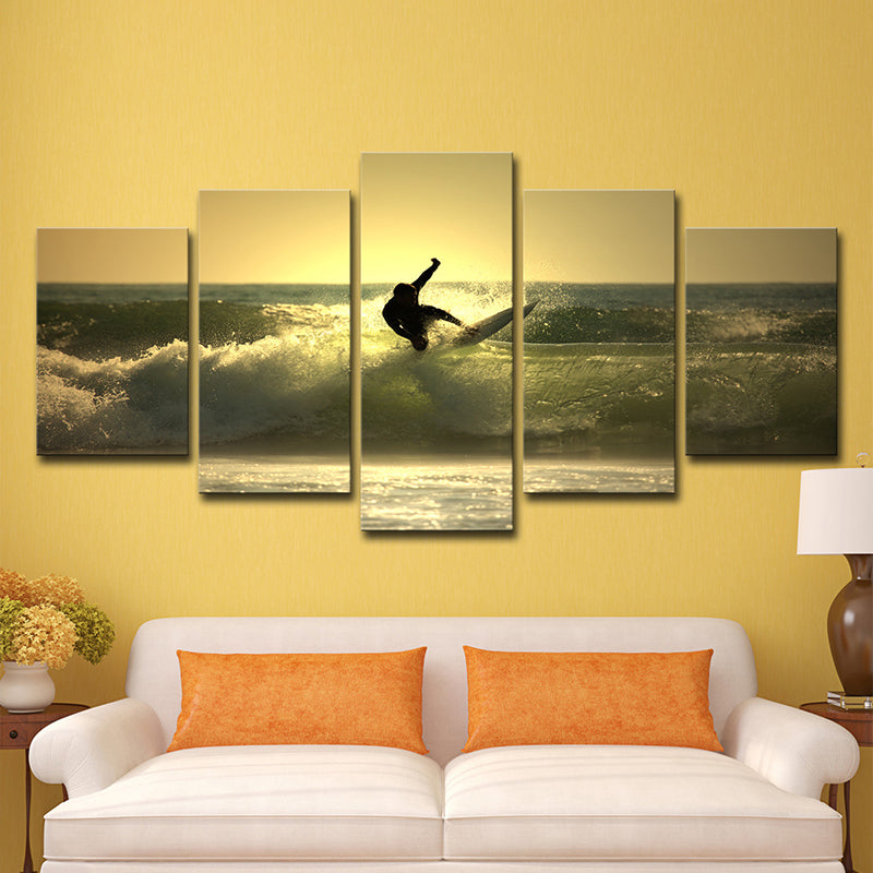 Brehn | Surfen bei Dämmerung Wandkunst Dekor zeitgenössisches Mehrteilige Wohnzimmer Leinwand Druck in Gelb
