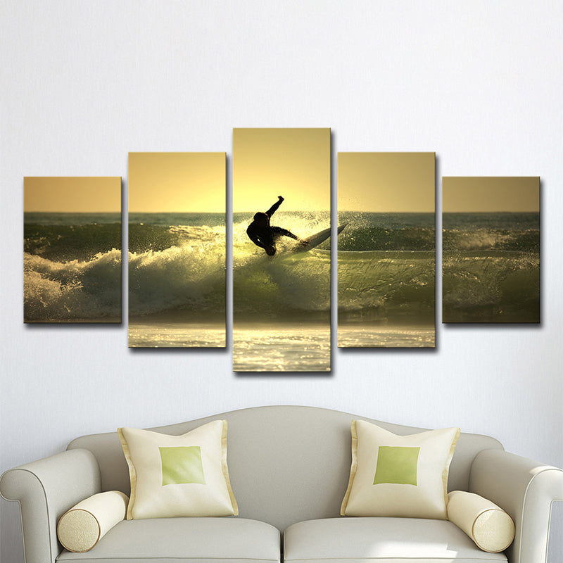 Brehn | Surfen bei Dämmerung Wandkunst Dekor zeitgenössisches Mehrteilige Wohnzimmer Leinwand Druck in Gelb