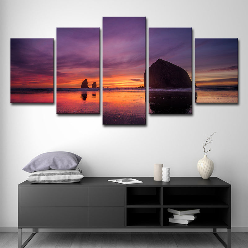 Brehn | Paarse modernistische wanddecoratie strand met avondglans landschap canvas voor slaapkamer