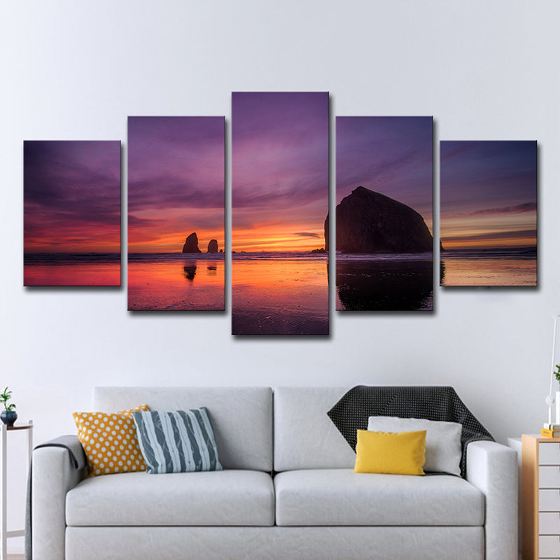Brehn | Paarse modernistische wanddecoratie strand met avondglans landschap canvas voor slaapkamer