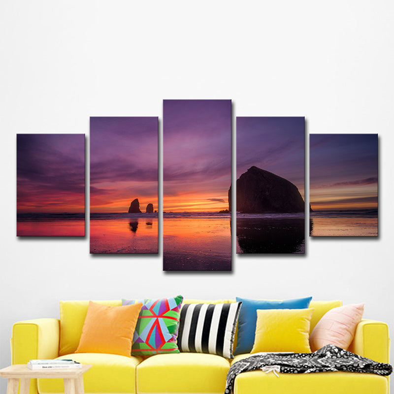 Brehn | Paarse modernistische wanddecoratie strand met avondglans landschap canvas voor slaapkamer