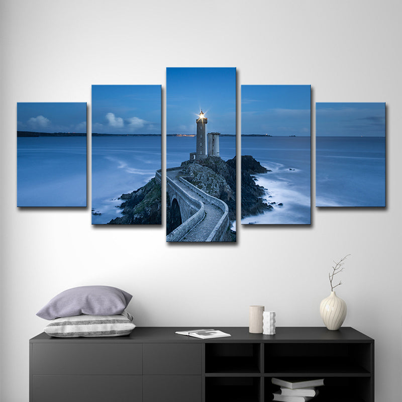 Brehn | Blauwe Zeegezichten Vuurtoren Wandkunstafdruk Meerdere Stukken Wanddecoratie voor de Gezinskamer