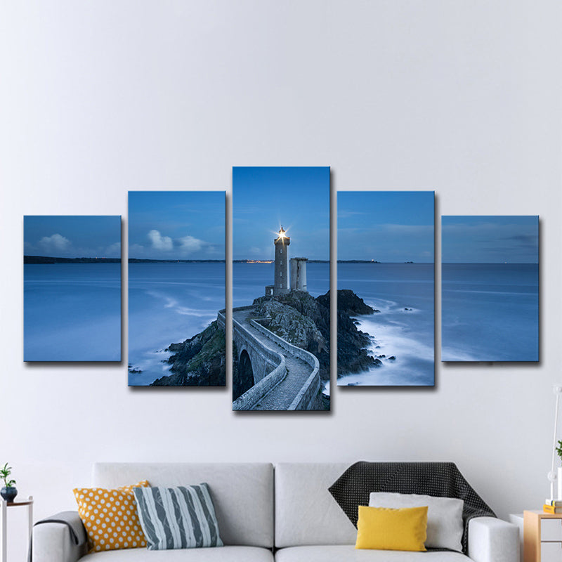 Brehn | Blauwe Zeegezichten Vuurtoren Wandkunstafdruk Meerdere Stukken Wanddecoratie voor de Gezinskamer