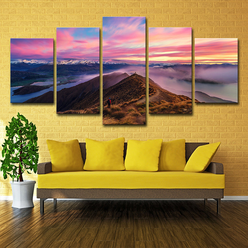 Brehn | Lila Avondgloren Canvas Kunst Berg Skyline Uitzicht Moderne Multi-Stuk Muur Decor