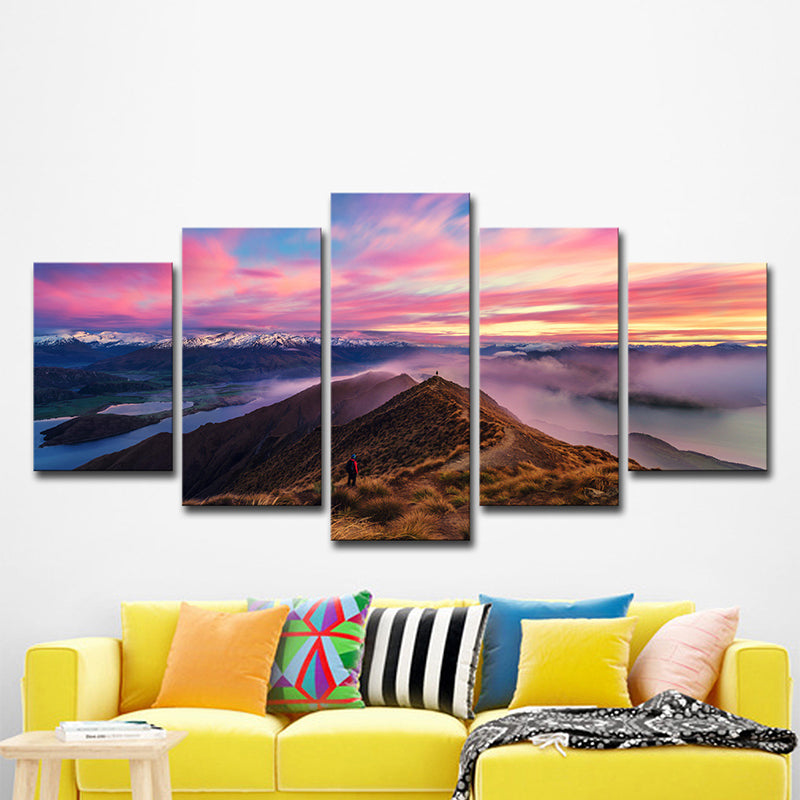 Brehn | Lila Avondgloren Canvas Kunst Berg Skyline Uitzicht Moderne Multi-Stuk Muur Decor