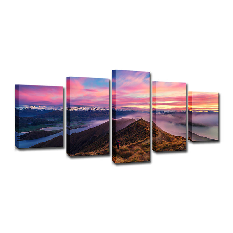 Brehn | Lila Avondgloren Canvas Kunst Berg Skyline Uitzicht Moderne Multi-Stuk Muur Decor