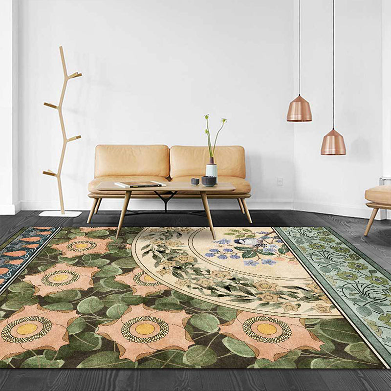 Brehn | Grüner orientalischer Teppich Polyester florales und Vogelmuster Teppich waschbar rutschfeste Rückseite Teppich für Schlafzimmer