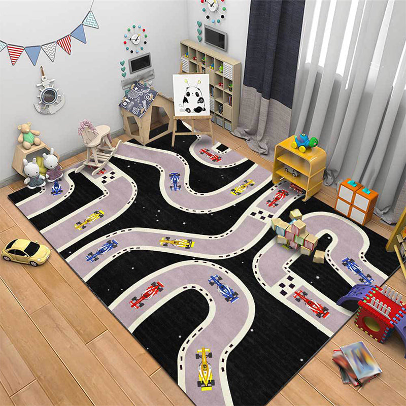 Brehn | Kinder Schlafzimmer Teppich in Schwarz Autos & Straßen Druck Teppich Polyester Rutschfeste Rückseite Waschbarer Bereich Teppich