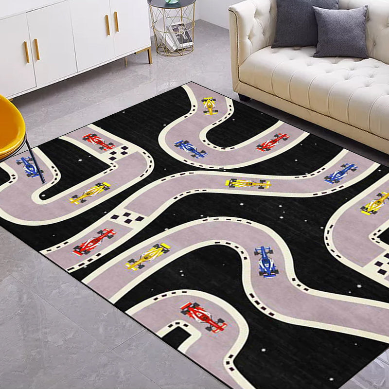 Brehn | Kinder Schlafzimmer Teppich in Schwarz Autos & Straßen Druck Teppich Polyester Rutschfeste Rückseite Waschbarer Bereich Teppich