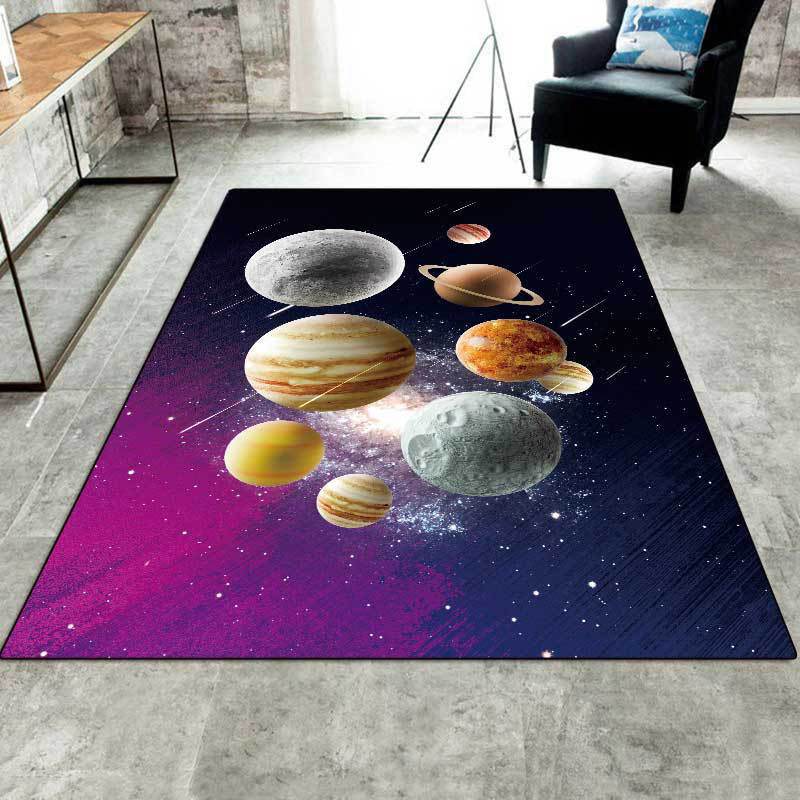 Brehn | Kinder Schlafzimmer Teppich in Schwarz und Lila Außenraum Galaxie Planeten Druck Teppich Polyester Maschinenwaschbarer Teppich