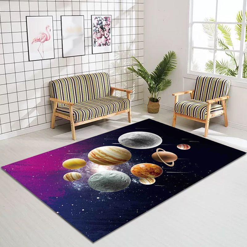 Brehn | Kinder Schlafzimmer Teppich in Schwarz und Lila Außenraum Galaxie Planeten Druck Teppich Polyester Maschinenwaschbarer Teppich