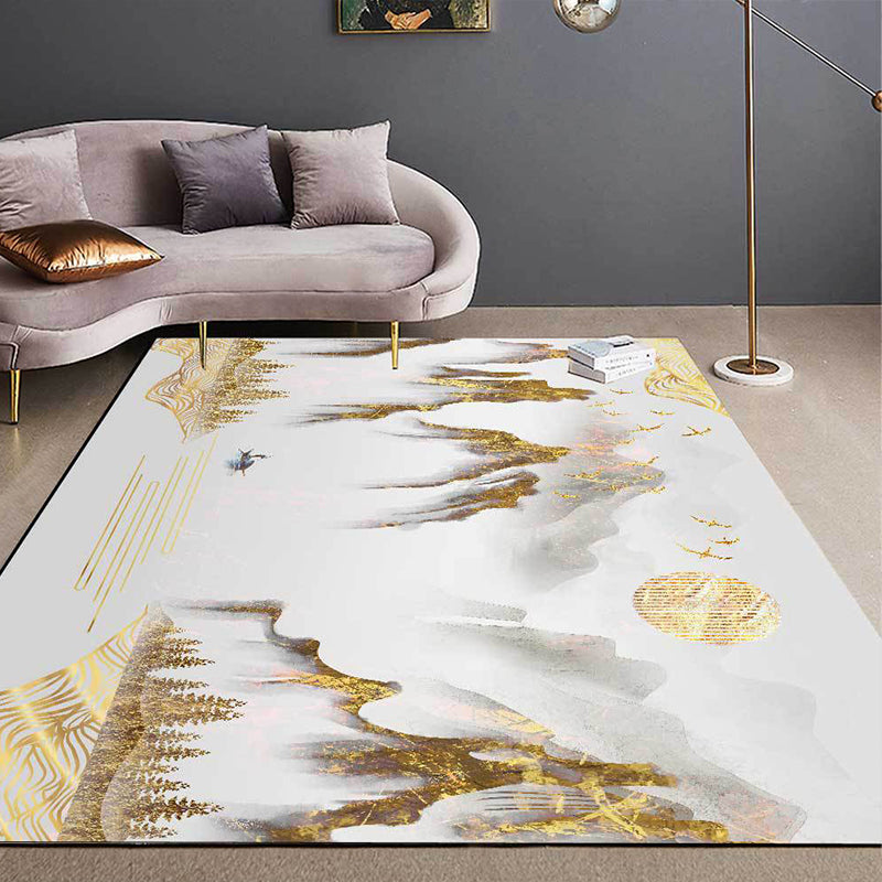 Brehn | Retro Bergmuster Teppich mit Charakter und Vogel Goldener Orientalischer Teppich Polyester Waschbar Rutschfeste Matte für Wohnzimmer