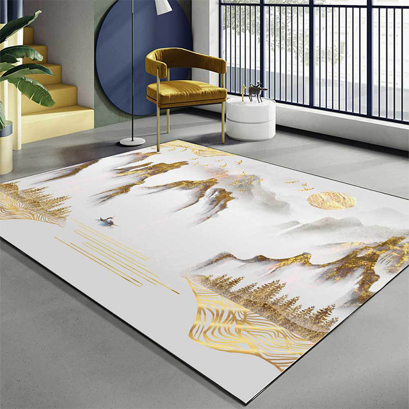 Brehn | Retro Bergmuster Teppich mit Charakter und Vogel Goldener Orientalischer Teppich Polyester Waschbar Rutschfeste Matte für Wohnzimmer