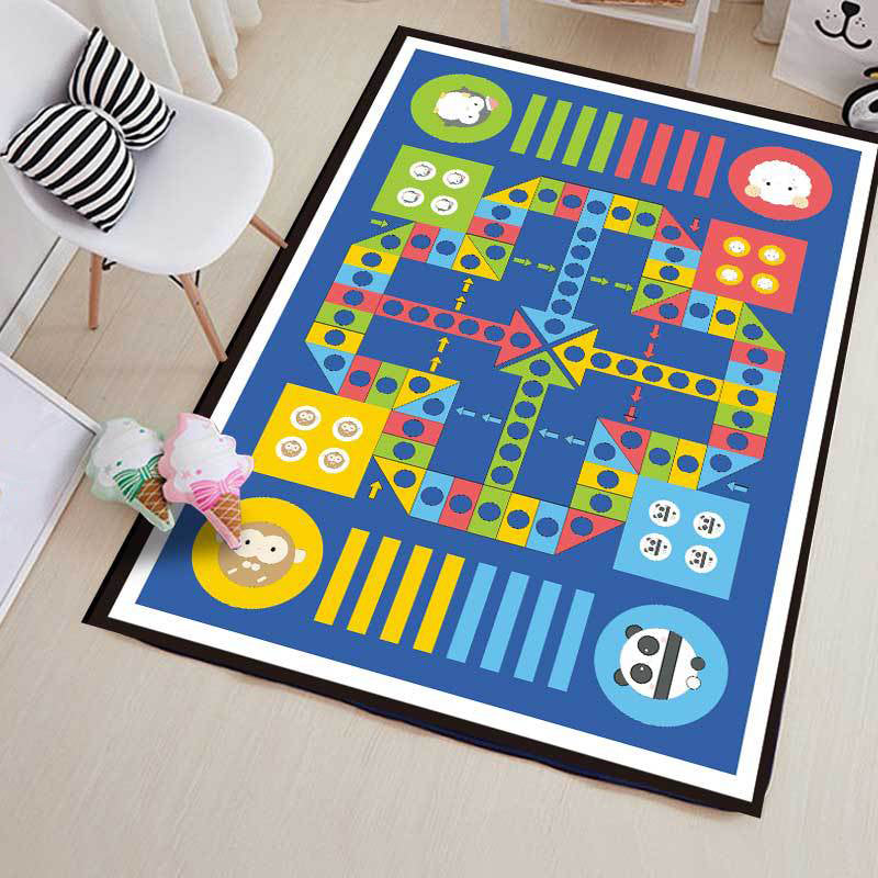 Brehn | Blauer Kinderzimmer-Teppich Kinder Lernspiel Ludo Muster Teppich Polyester Haustierfreundlich Waschbarer Teppich