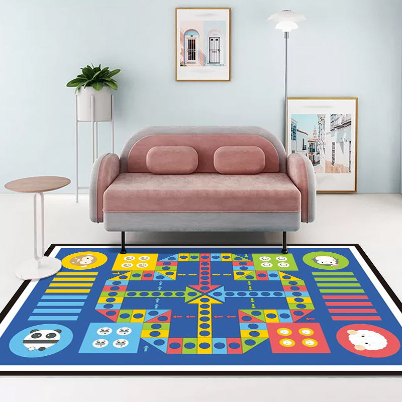Brehn | Blauer Kinderzimmer-Teppich Kinder Lernspiel Ludo Muster Teppich Polyester Haustierfreundlich Waschbarer Teppich