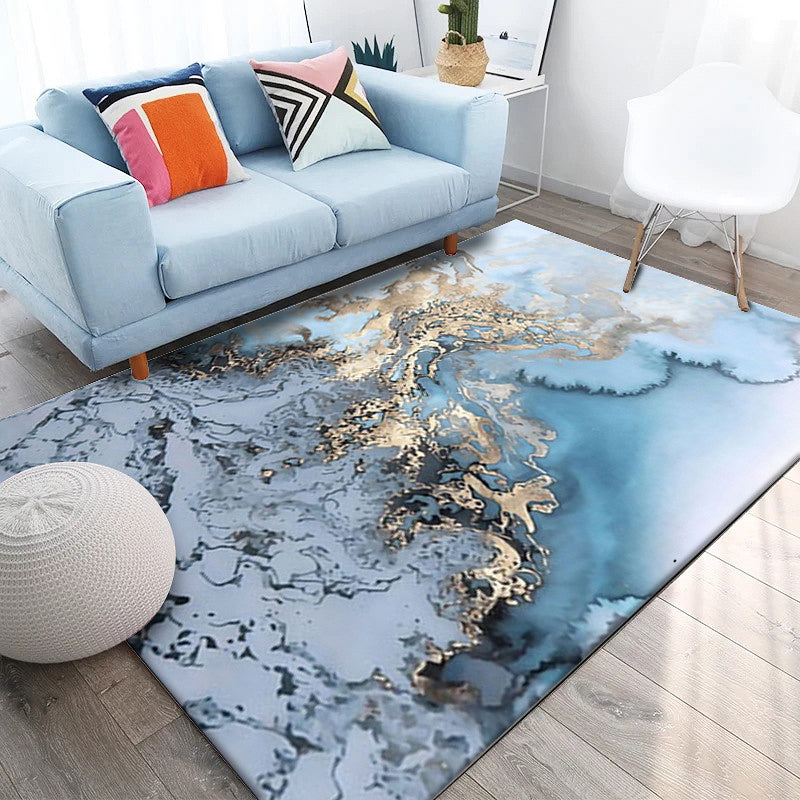 Brehn | Einzigartiger Aquarell-Muster-Teppich Blau und Grau Moderner Teppich Polyester Waschbar Rutschfeste Rückseite Teppich für das Wohnzimmer