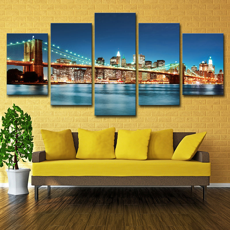Brehn | Modern Nacht Stadtlandschaft Wandkunst Blau Brooklyn Bridge Leinwanddruck für Zuhause, Mehrteilig