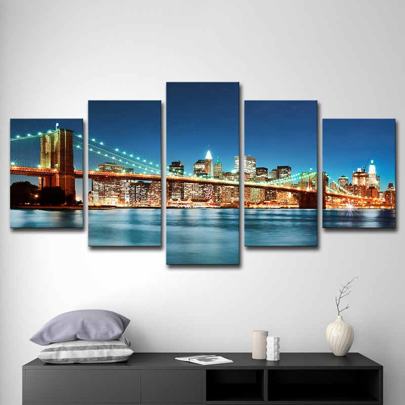 Brehn | Modern Nacht Stadtlandschaft Wandkunst Blau Brooklyn Bridge Leinwanddruck für Zuhause, Mehrteilig