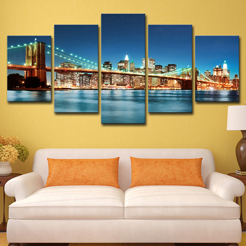 Brehn | Modern Nacht Stadtlandschaft Wandkunst Blau Brooklyn Bridge Leinwanddruck für Zuhause, Mehrteilig