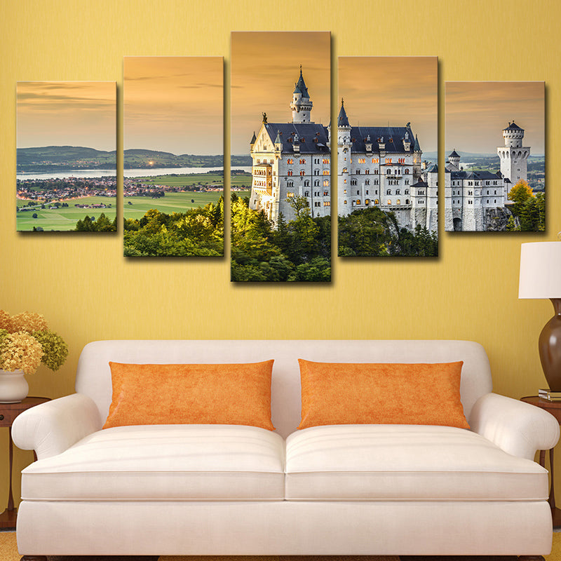 Brehn | Moderne Villa Sonnenuntergang Landschaft Kunstdruck Weiß Mehrteilige Leinwand für Wohnzimmer