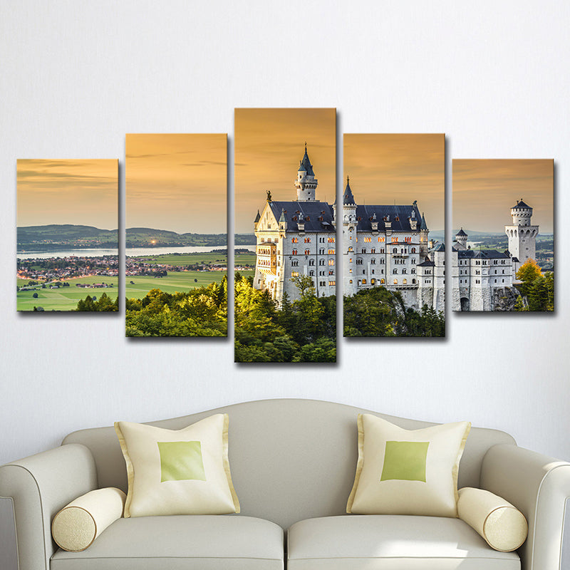 Brehn | Moderne Villa Sonnenuntergang Landschaft Kunstdruck Weiß Mehrteilige Leinwand für Wohnzimmer