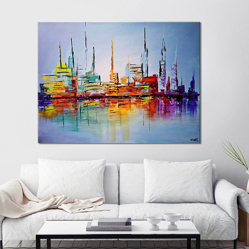 Brehn | Skyscrapers Schilderij Hedendaagse Indrukwekkende Stadsgezicht Wandkunst Print in Oranje-Blauw