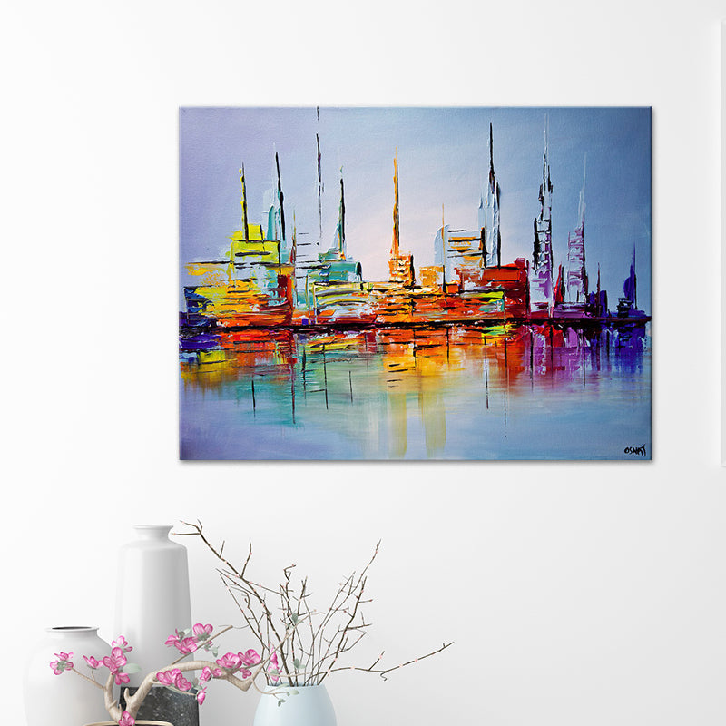 Brehn | Skyscrapers Schilderij Hedendaagse Indrukwekkende Stadsgezicht Wandkunst Print in Oranje-Blauw