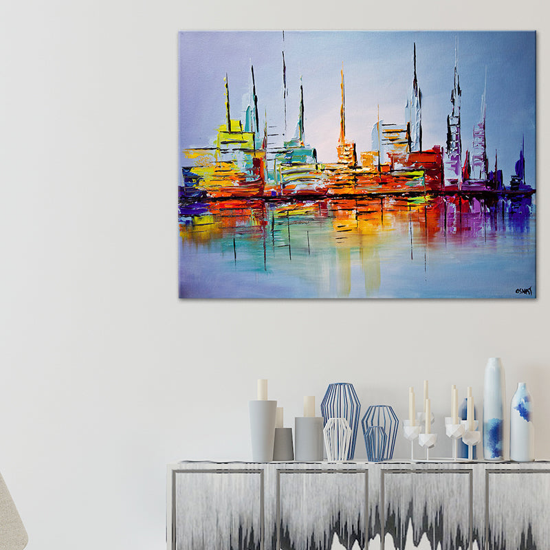 Brehn | Skyscrapers Schilderij Hedendaagse Indrukwekkende Stadsgezicht Wandkunst Print in Oranje-Blauw
