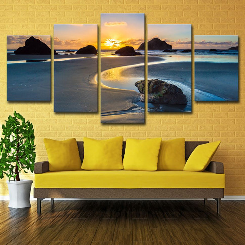 Brehn | Gelbe Sonnenuntergang Gezeitenflach Leinwand Mehrteilige Wandkunst-Druck für Hausinterieur