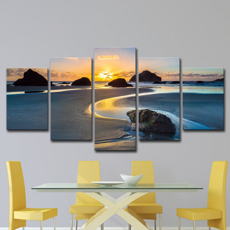Brehn | Gelbe Sonnenuntergang Gezeitenflach Leinwand Mehrteilige Wandkunst-Druck für Hausinterieur