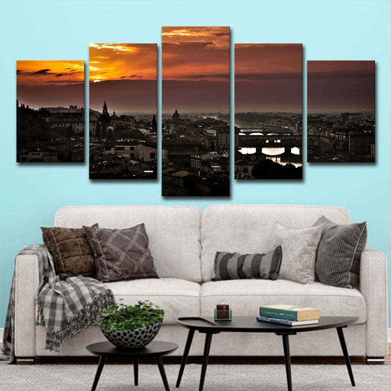 Brehn | Schwarze global inspirierte Wandkunst Dekor Luftaufnahme von Florenz Sonnenuntergang Leinwand für das Wohnzimmer