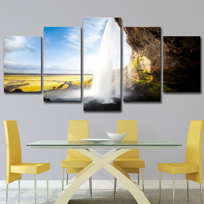 Brehn | Lichtblauwe Landschap Muurdecoratie Waterval Uitzicht van Binnen Moderne Multi-Piece Canvas