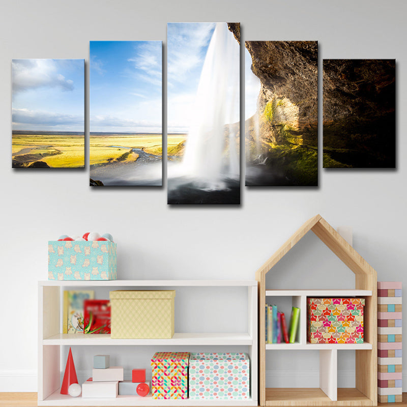 Brehn | Lichtblauwe Landschap Muurdecoratie Waterval Uitzicht van Binnen Moderne Multi-Piece Canvas