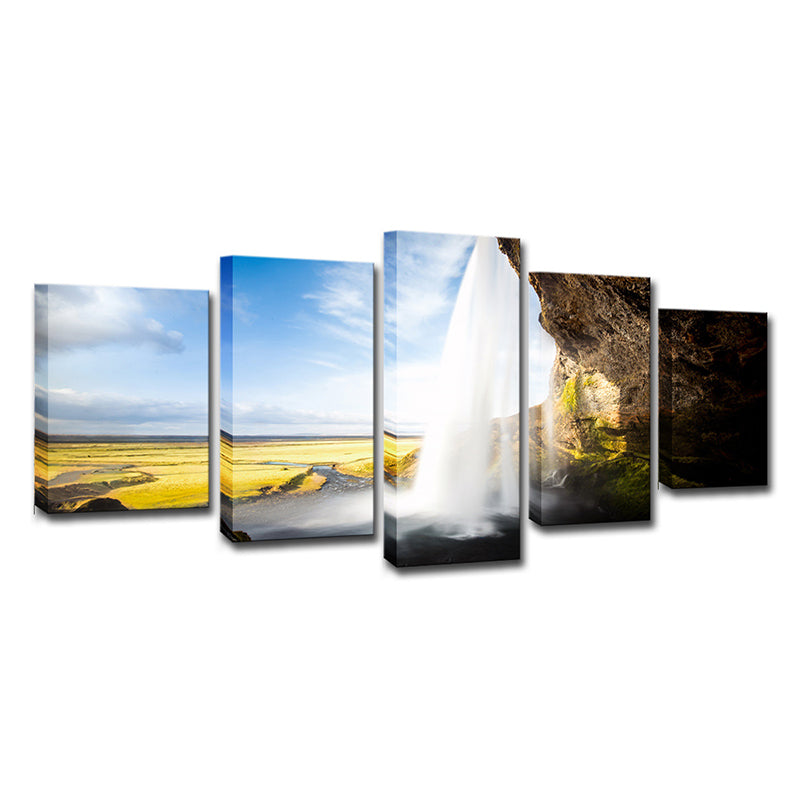 Brehn | Lichtblauwe Landschap Muurdecoratie Waterval Uitzicht van Binnen Moderne Multi-Piece Canvas