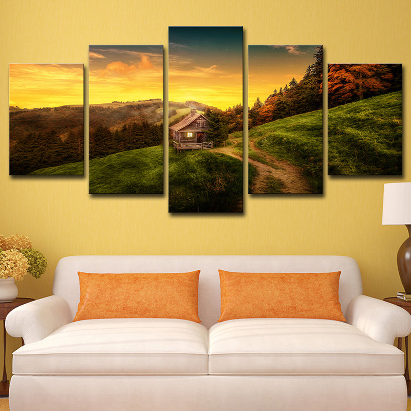 Brehn | Moderne Sunset Berg Cabin Canvas Gelb Natürliche Landschaft Wandkunst Druck, Multi-Stück