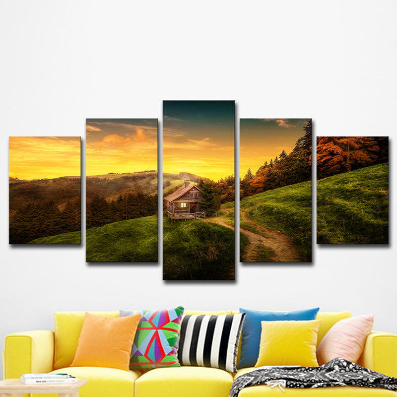 Brehn | Moderne Sunset Berg Cabin Canvas Gelb Natürliche Landschaft Wandkunst Druck, Multi-Stück