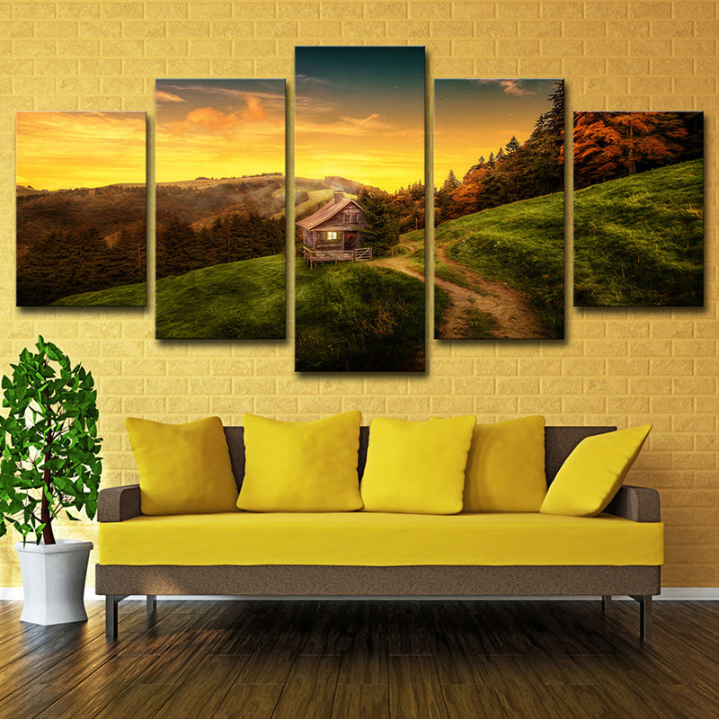 Brehn | Moderne Sunset Berg Cabin Canvas Gelb Natürliche Landschaft Wandkunst Druck, Multi-Stück
