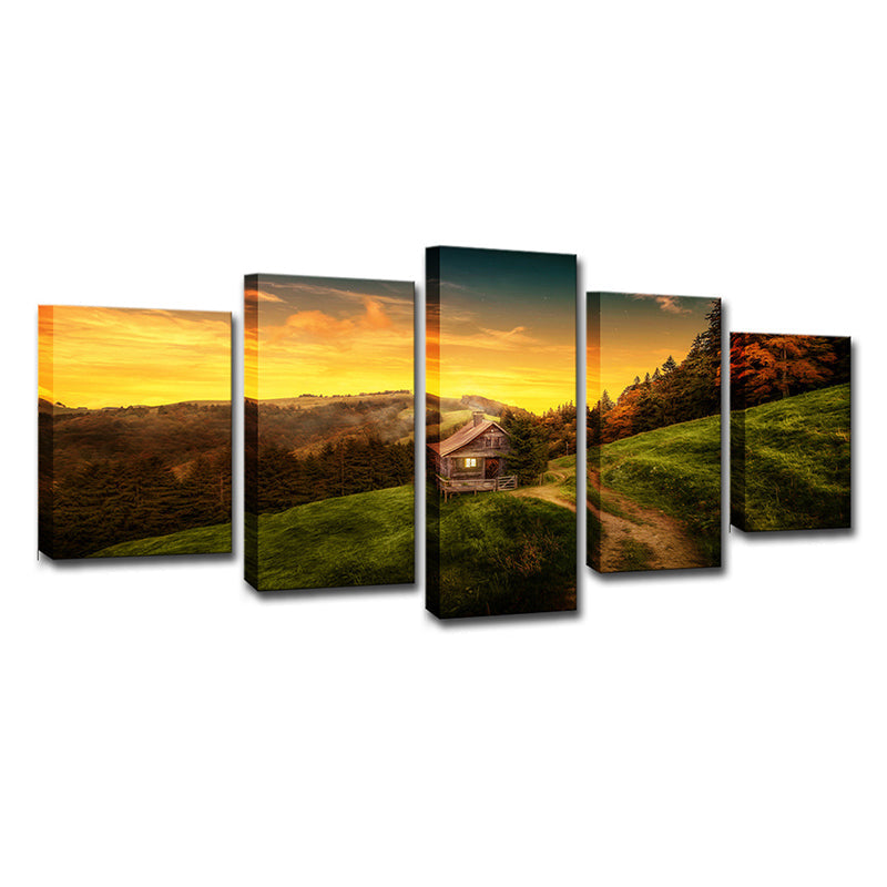 Brehn | Moderne Sunset Berg Cabin Canvas Gelb Natürliche Landschaft Wandkunst Druck, Multi-Stück