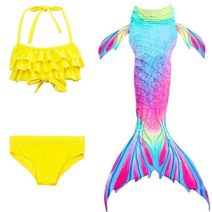 Meerjungfrauenschwanz-Bikini-Set Mädchen – 3-teilig mit Oberteil, Shorts & Flosse, aus Polyamid, zum Schwimmen