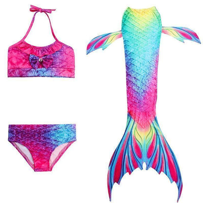 Meerjungfrauenschwanz-Bikini-Set Mädchen – 3-teilig mit Oberteil, Shorts & Flosse, aus Polyamid, zum Schwimmen