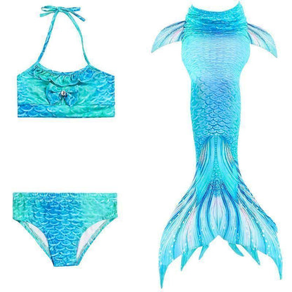 Meerjungfrauenschwanz-Bikini-Set Mädchen – 3-teilig mit Oberteil, Shorts & Flosse, aus Polyamid, zum Schwimmen